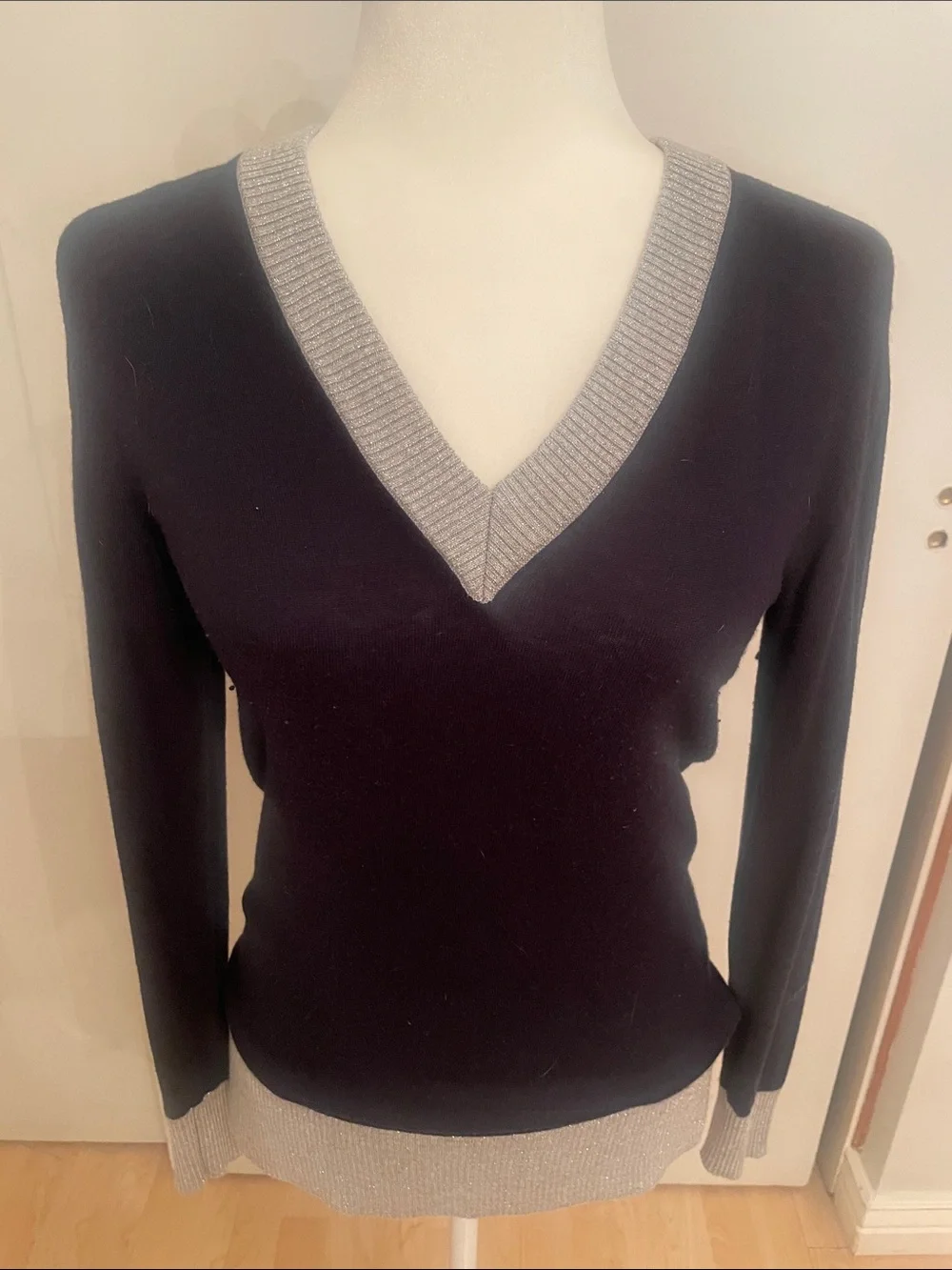 Women’s Michael Kors V-Neck Navy Sweater with Silver Trim